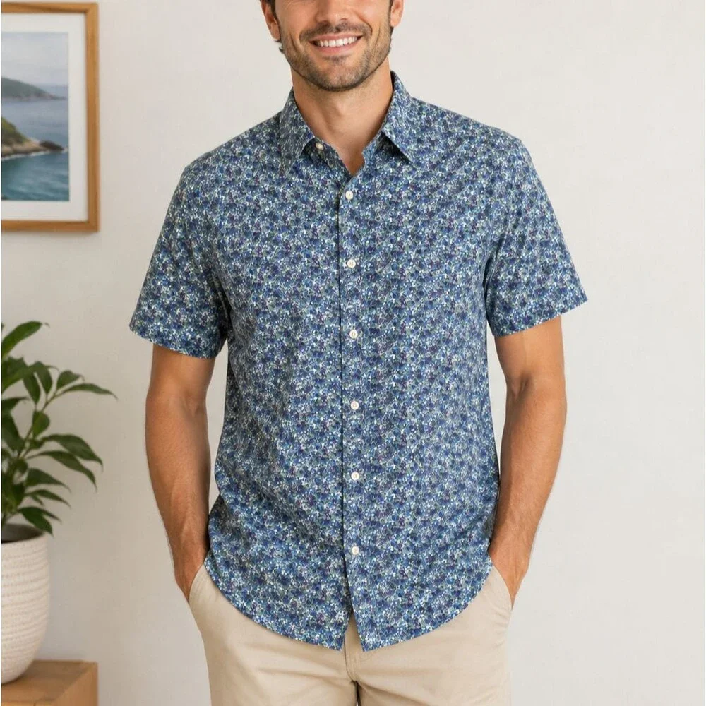 J.Crew Secret Wash Floral Button Down Cotton Shirt Blue Green Classic Fit Medium